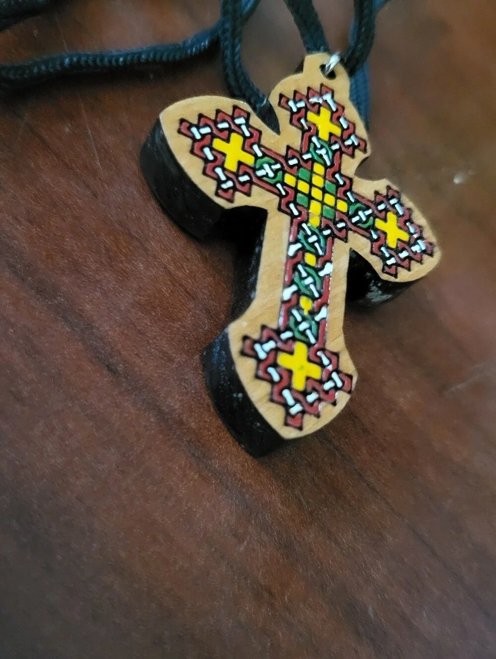Ethiopian Coptic Wooden Cross Pendant Necklace Hand Painted Traditional Design
